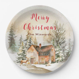 Winter Holiday Cottage Merry Christmas Paper Plate