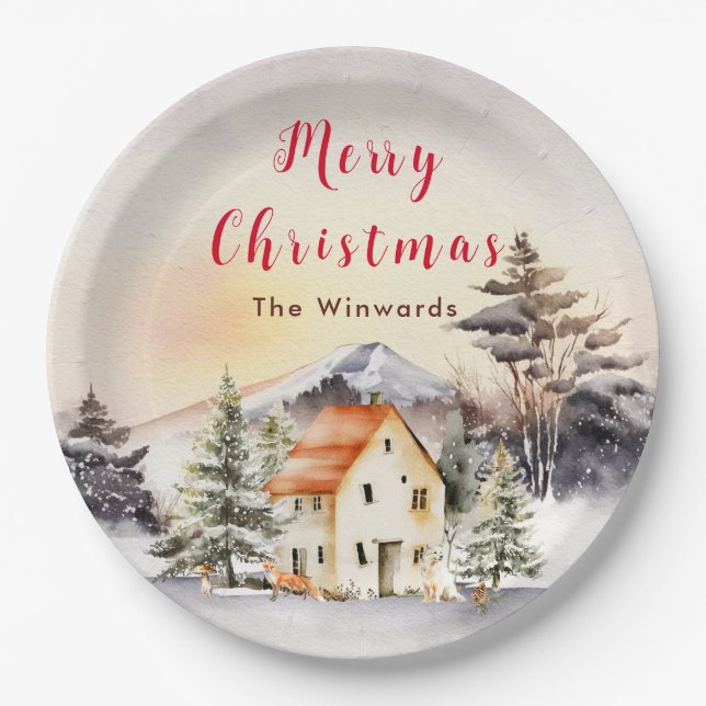 Winter Holiday Cottage Merry Christmas Paper Plate (Front)