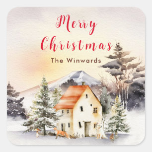 Winter Holiday Cottage Merry Christmas Square Sticker