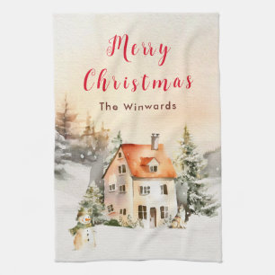 Winter Holiday Cottage Merry Christmas Tea Towel