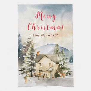 Winter Holiday Cottage Merry Christmas Tea Towel
