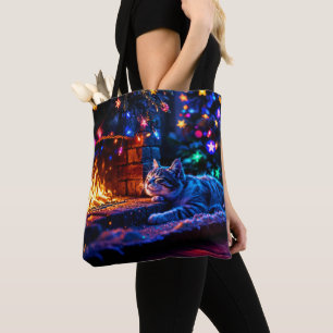 Winter holiday cute cat Christmas lights  Tote Bag