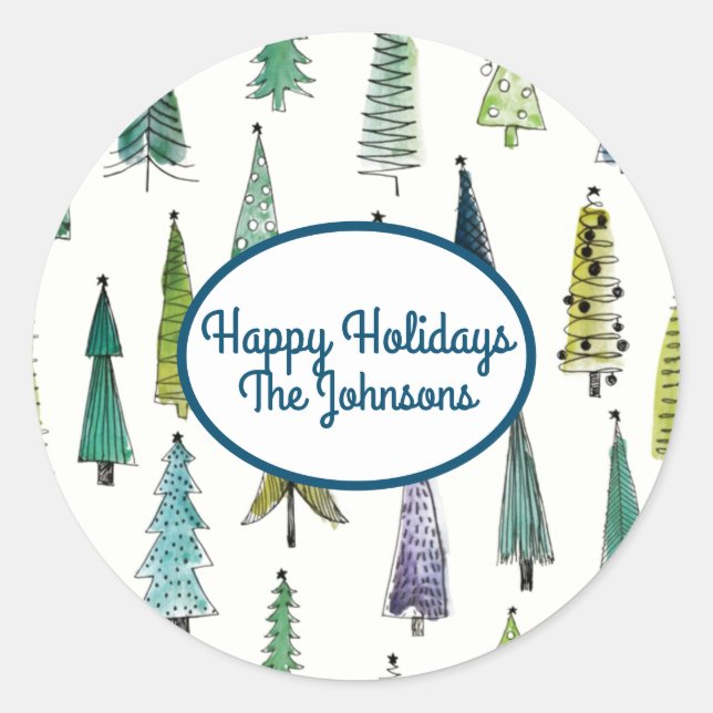 Winter Holiday Evergreen Trees Classic Round Sticker (Front)