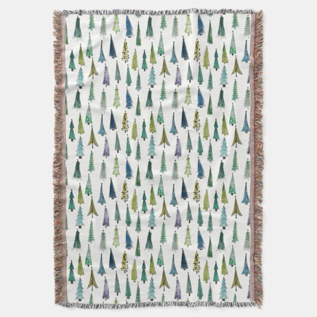 Winter Holiday Evergreen Trees Throw Blanket (Front Vertical)