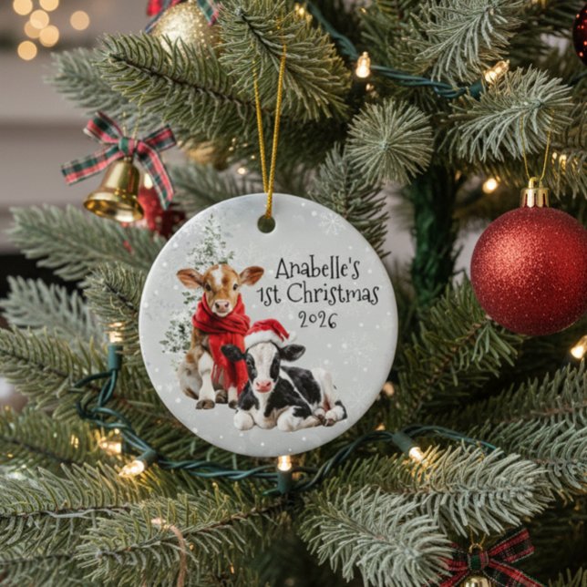 Winter Holiday Farm Cow 1st Christmas  Ceramic Ornament (Creator Uploaded)