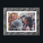 winter holiday foliage chalkboard photo postcard<br><div class="desc">winter stencil foliage on a chalkboard background with your own photo in the center and the elegant script  as a photo overlay</div>