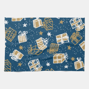 Winter Holiday Gift Boxes Pattern Tea Towel