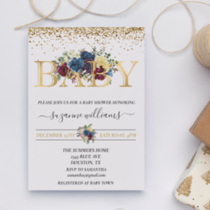 Winter Holiday Gold Baby Shower Floral Flower  Invitation