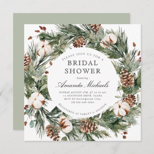 Winter Holiday Greenery Pine Cotton Bridal Shower Invitation (Front/Back)