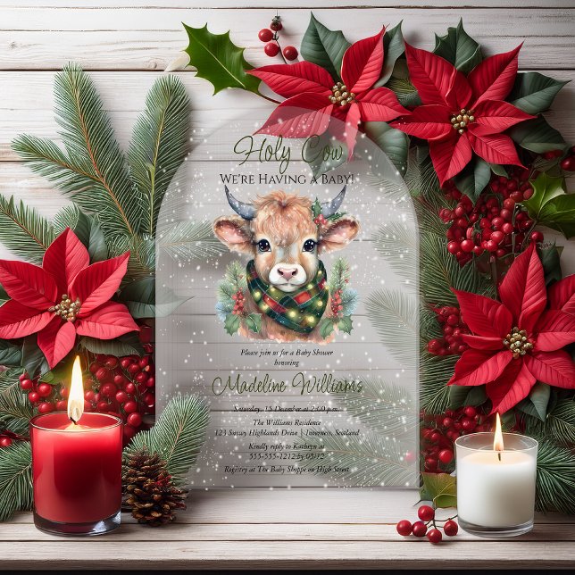 Winter Holiday Highland Holy Cow Baby Shower Acrylic Invitations (Winter Holiday Highland "Holy Cow" Baby Shower Arched Acrylic Invitation)
