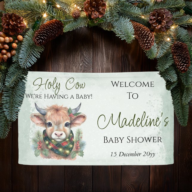 Winter Holiday Highland Holy Cow Baby Shower Banner (Winter Holiday Highland "Holy Cow" Evergreen Baby Shower Banner)
