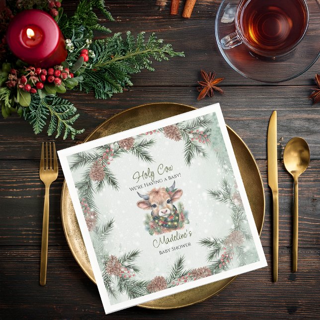 Winter Holiday Highland Holy Cow Baby Shower Napkin (Winter Holiday Highland "Holy Cow" Evergreen Baby Shower Paper Napkins)