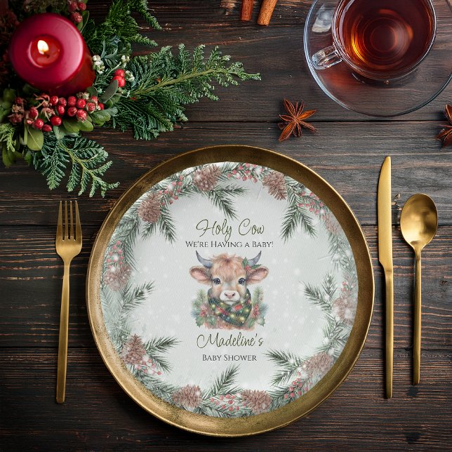Winter Holiday Highland Holy Cow Baby Shower Paper Plate (Winter Holiday Highland "Holy Cow" Evergreen Baby Shower Paper Plates)