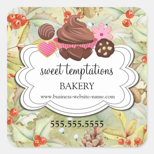 Winter Holiday Holly Assorted Desserts Bakery Square Sticker (Front)