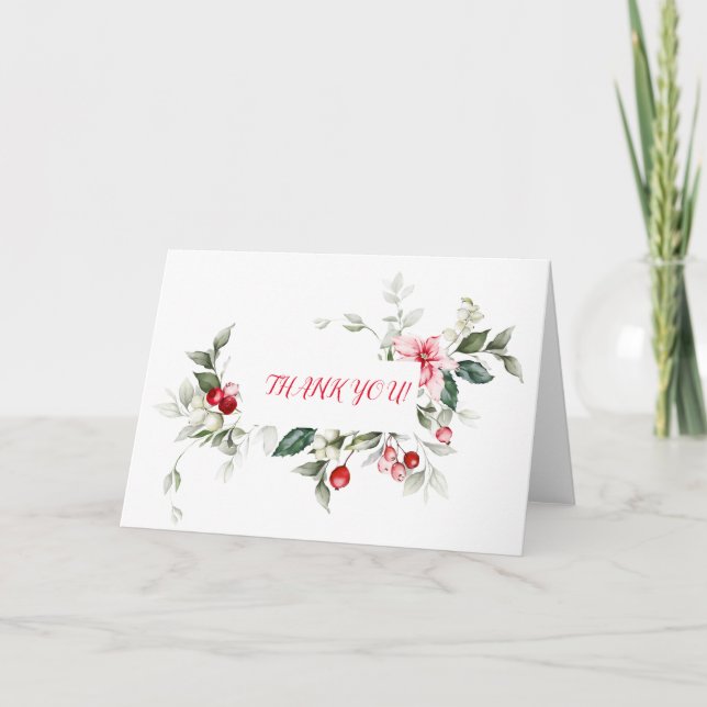 Winter holiday holly RED BERRY branches   Thank You Card (Front)