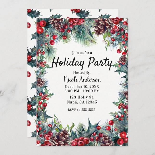 Winter Holiday Party Christmas Holly & Pine Cones Invitation (Front/Back)