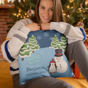 Winter Holiday Penguin and Snowman Christmas Cushion