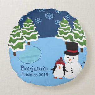 Winter Holiday Penguin and Snowman Christmas Round Cushion