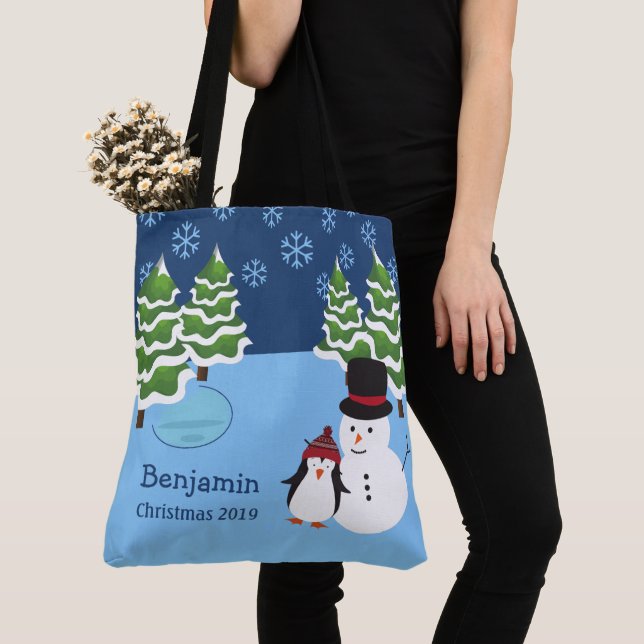 Winter Holiday Penguin and Snowman Christmas Tote Bag (Close Up)
