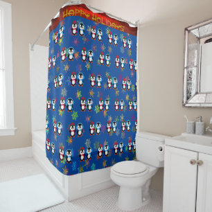Winter Holiday Penguins  Shower Curtain