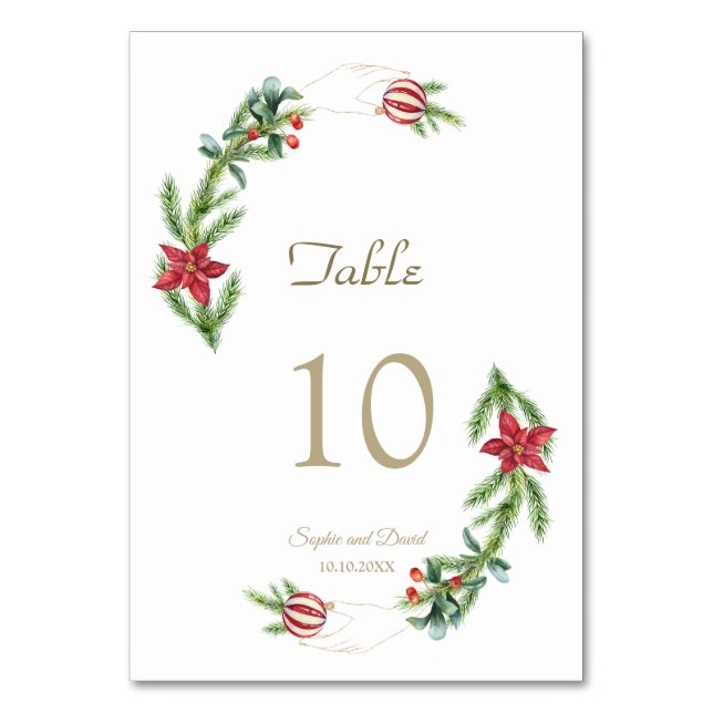 Winter Holiday Pine Cones Christmas Balls Wedding Table Number (Front)