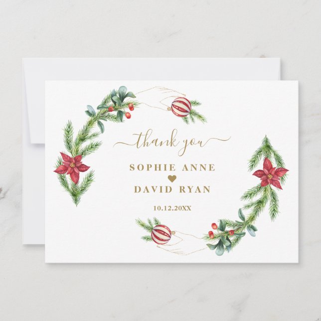 Winter Holiday Pine Cones Christmas Balls Wedding  Thank You Card (Front)