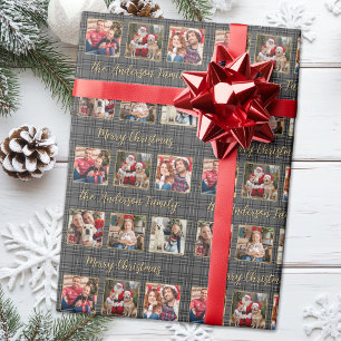 Winter Holiday Plaid Grey Gold Custom 6 Photos Wrapping Paper