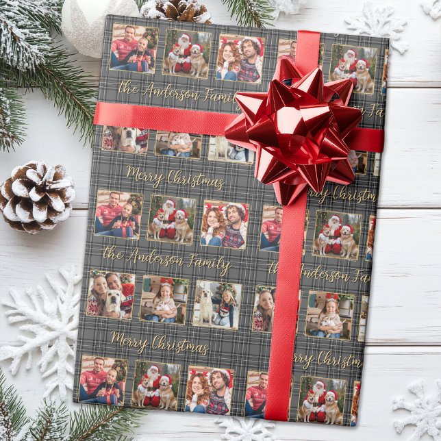 Winter Holiday Plaid Grey Gold Custom 6 Photos Wrapping Paper (Creator Uploaded)
