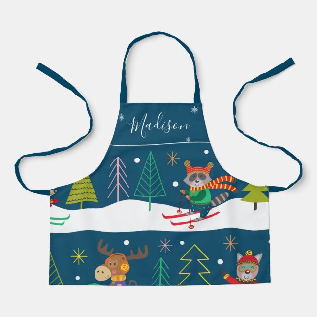 Winter Holiday Print with Name and Cute Animals Apron (Front)