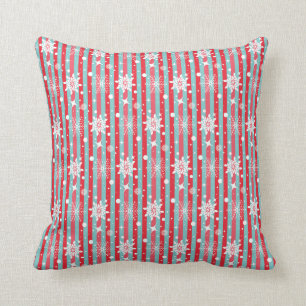 Winter Holiday Red Aqua Snowflakes and Stripes Cushion
