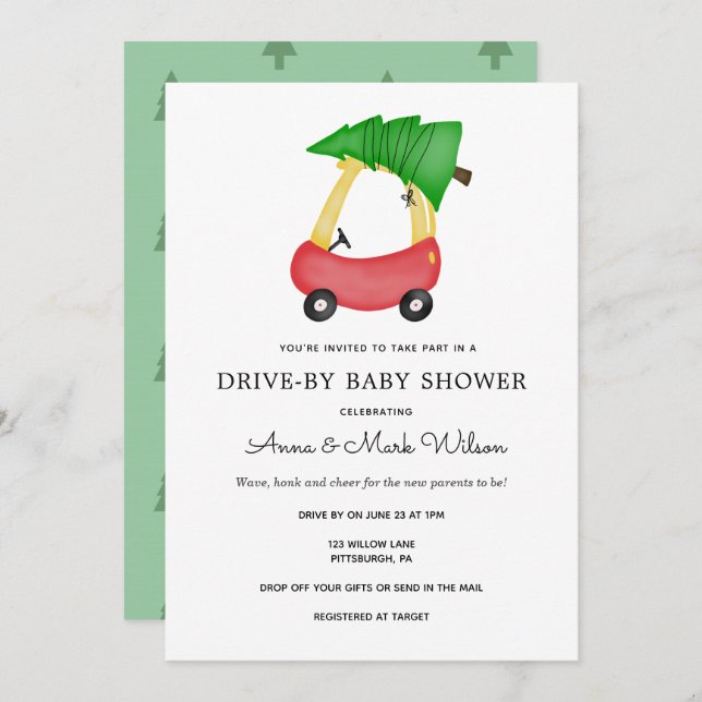 Winter Holiday Red Car Drive by Baby Shower Invitation (Front/Back)