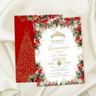 Winter Holiday Red Flor de Pascua Quinceañera Invitation