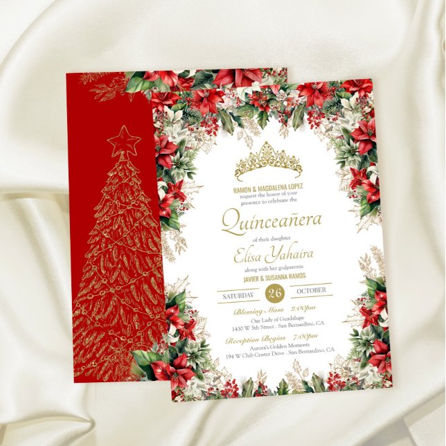 Winter Holiday Red Flor de Pascua Quinceañera Invitation (Creator Uploaded)