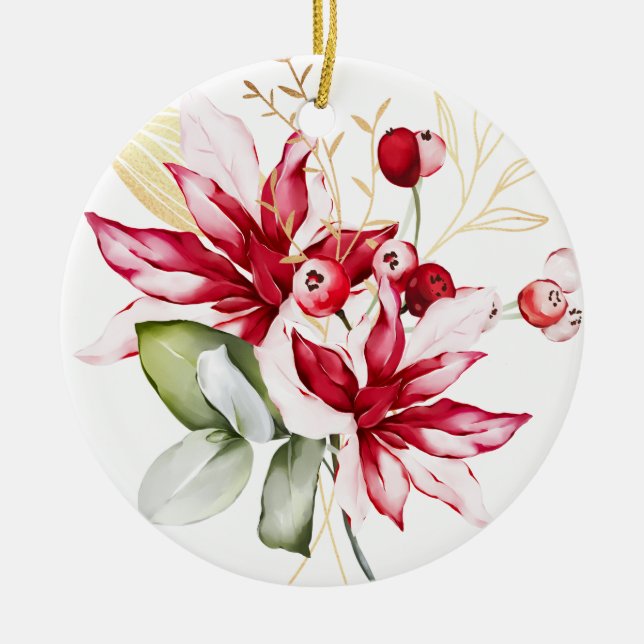 Winter holiday red poinsettia watercolour flowers  ceramic ornament (Front)