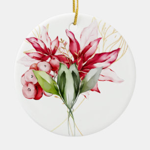 Winter holiday red poinsettia watercolour flowers  ceramic ornament