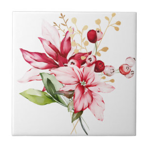 Winter holiday red poinsettia watercolour flowers ceramic tile