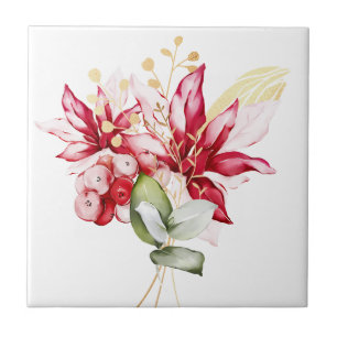 Winter holiday red poinsettia watercolour flowers ceramic tile