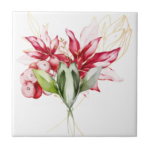 Winter holiday red poinsettia watercolour flowers ceramic tile