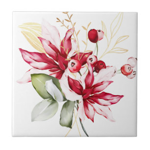 Winter holiday red poinsettia watercolour flowers ceramic tile