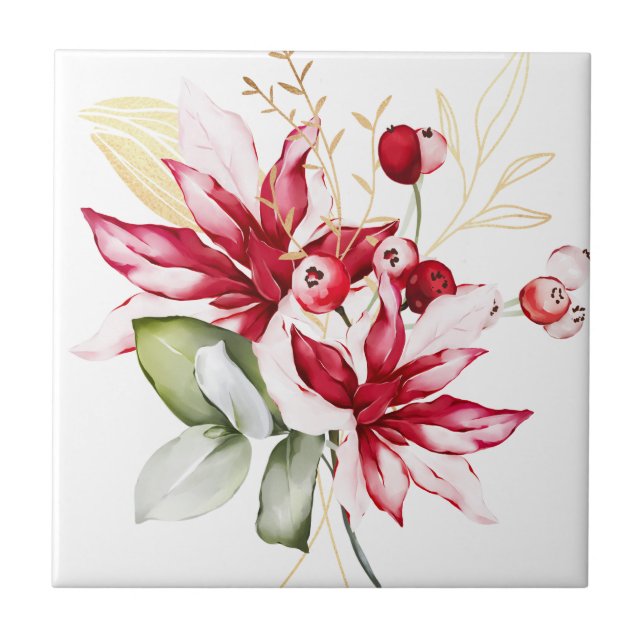 Winter holiday red poinsettia watercolour flowers  ceramic tile (Front)