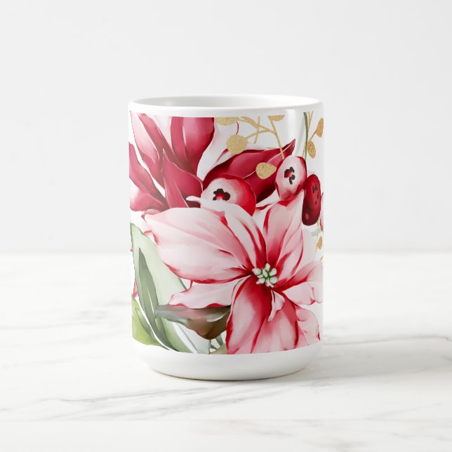 Winter holiday red poinsettia watercolour flowers  coffee mug (Center)