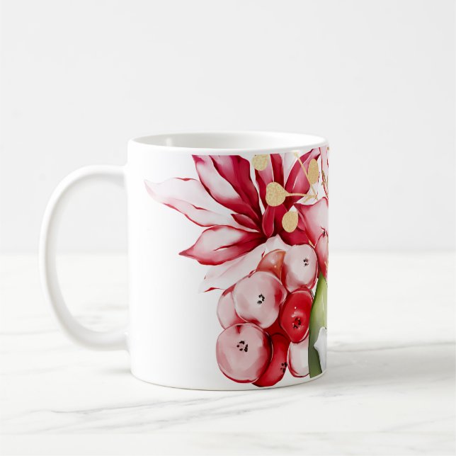 Winter holiday red poinsettia watercolour flowers  coffee mug (Left)