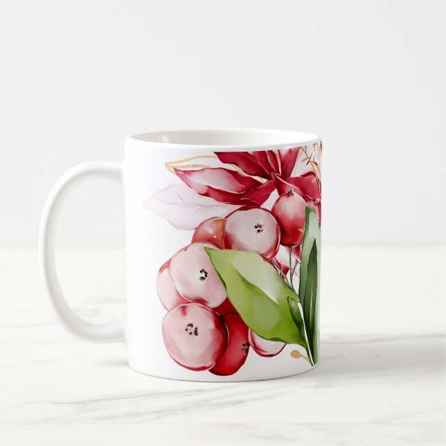 Winter holiday red poinsettia watercolour flowers  coffee mug (Left)