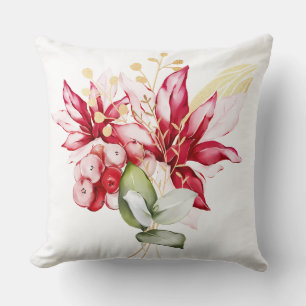 Winter holiday red poinsettia watercolour flowers cushion