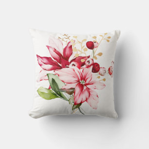 Winter holiday red poinsettia watercolour flowers  cushion