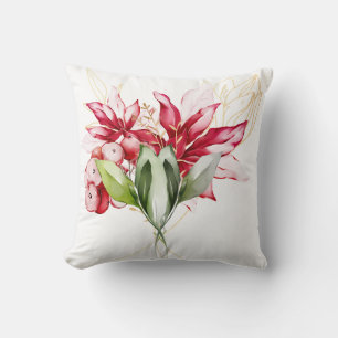 Winter holiday red poinsettia watercolour flowers cushion