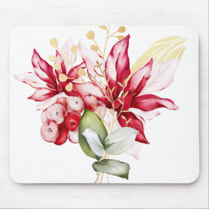 Winter holiday red poinsettia watercolour flowers mouse pad