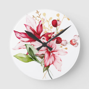 Winter holiday red poinsettia watercolour flowers round clock