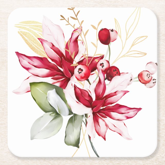Winter holiday red poinsettia watercolour flowers  square paper coaster (Front)