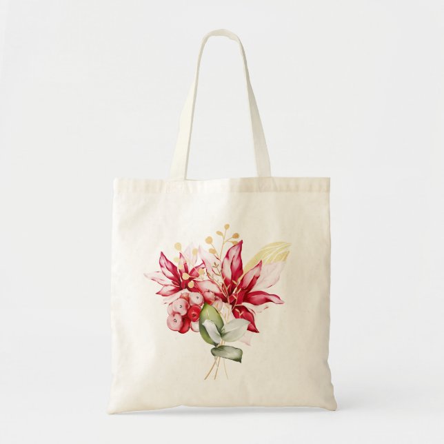 Winter holiday red poinsettia watercolour flowers  tote bag (Front)